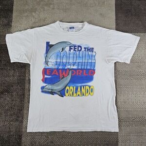 Vintage 90's Sea World Orlando I Fed‎ The Dolphins Promo Shirt White Mens Large